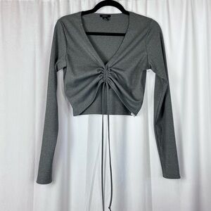 Forever 21 Gray Ruched Crop Long Sleeve Blouse with Tie FrontPre-Owned